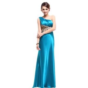 Sherri Hill Silk teal leopard one shoulder asymmetrical mermaid gown prom 6 Y2K